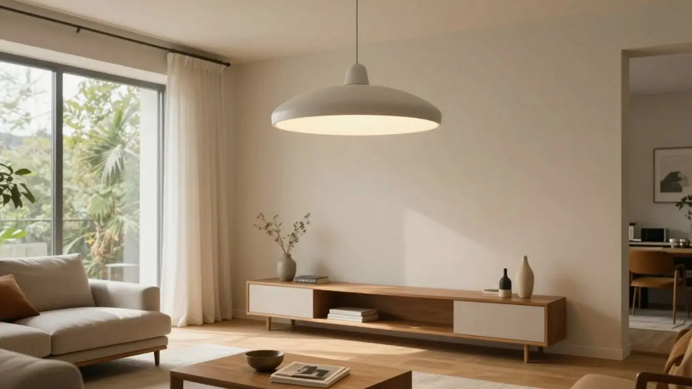 Low ceiling lamp brightening a modern living room.
