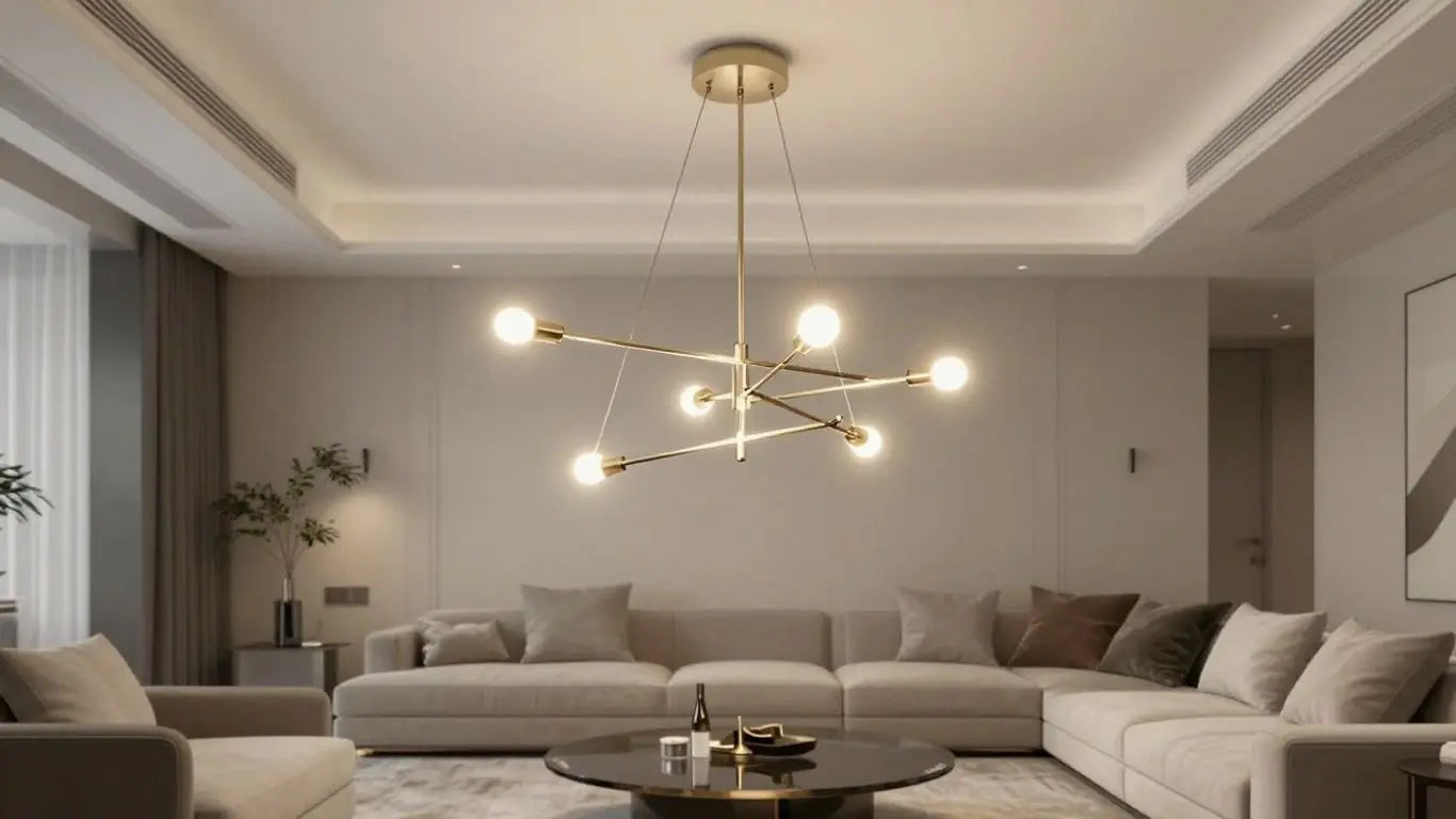 Modern chandelier illuminating a stylish living room.