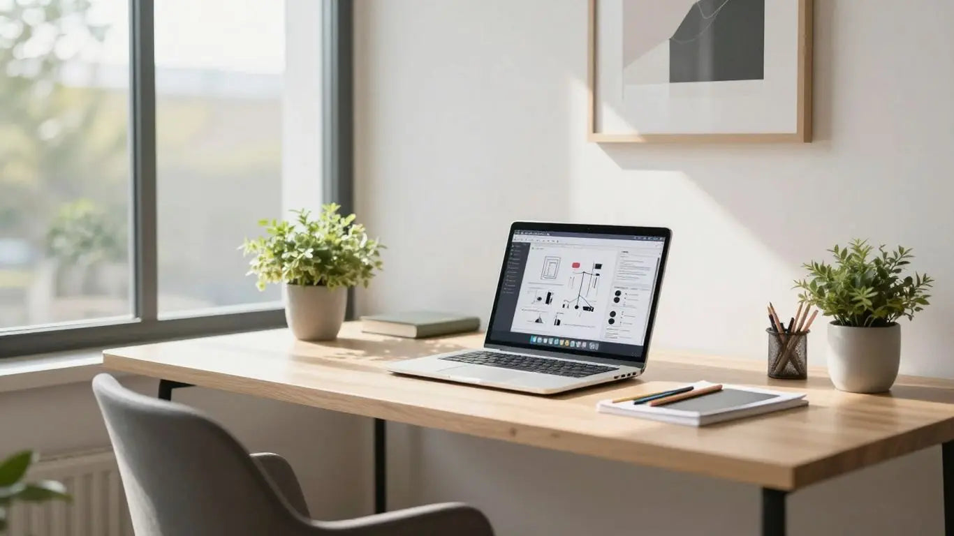 Modern home office with laptop and design project.