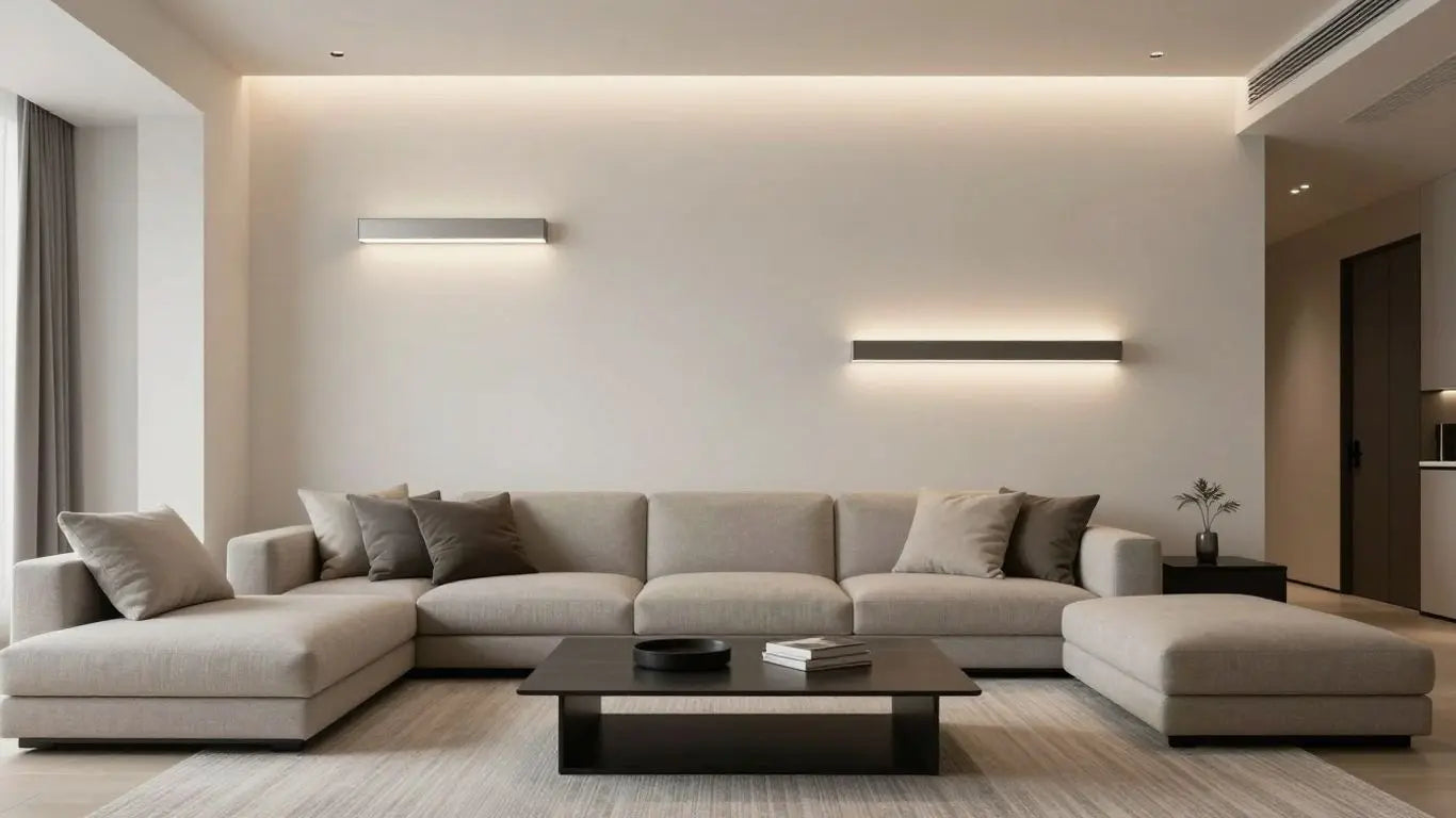 Modern flush wall lights illuminating a living room.