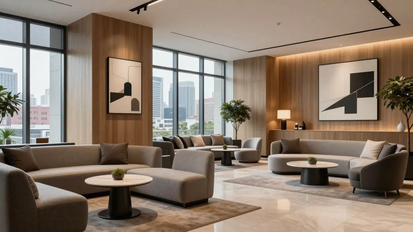 Modern hotel lobby with sleek furniture and city view.