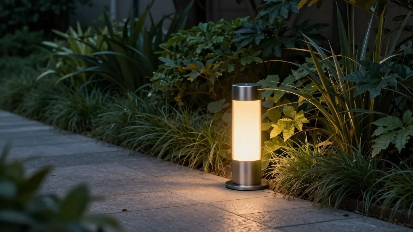 Modern LED outdoor lamp lighting a garden path