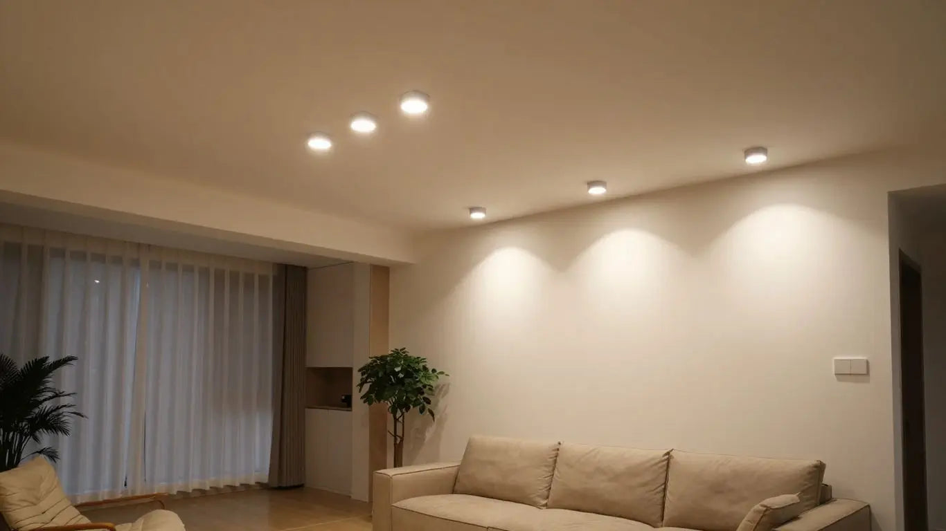 Low ceiling living room with bright flush-mount lights.