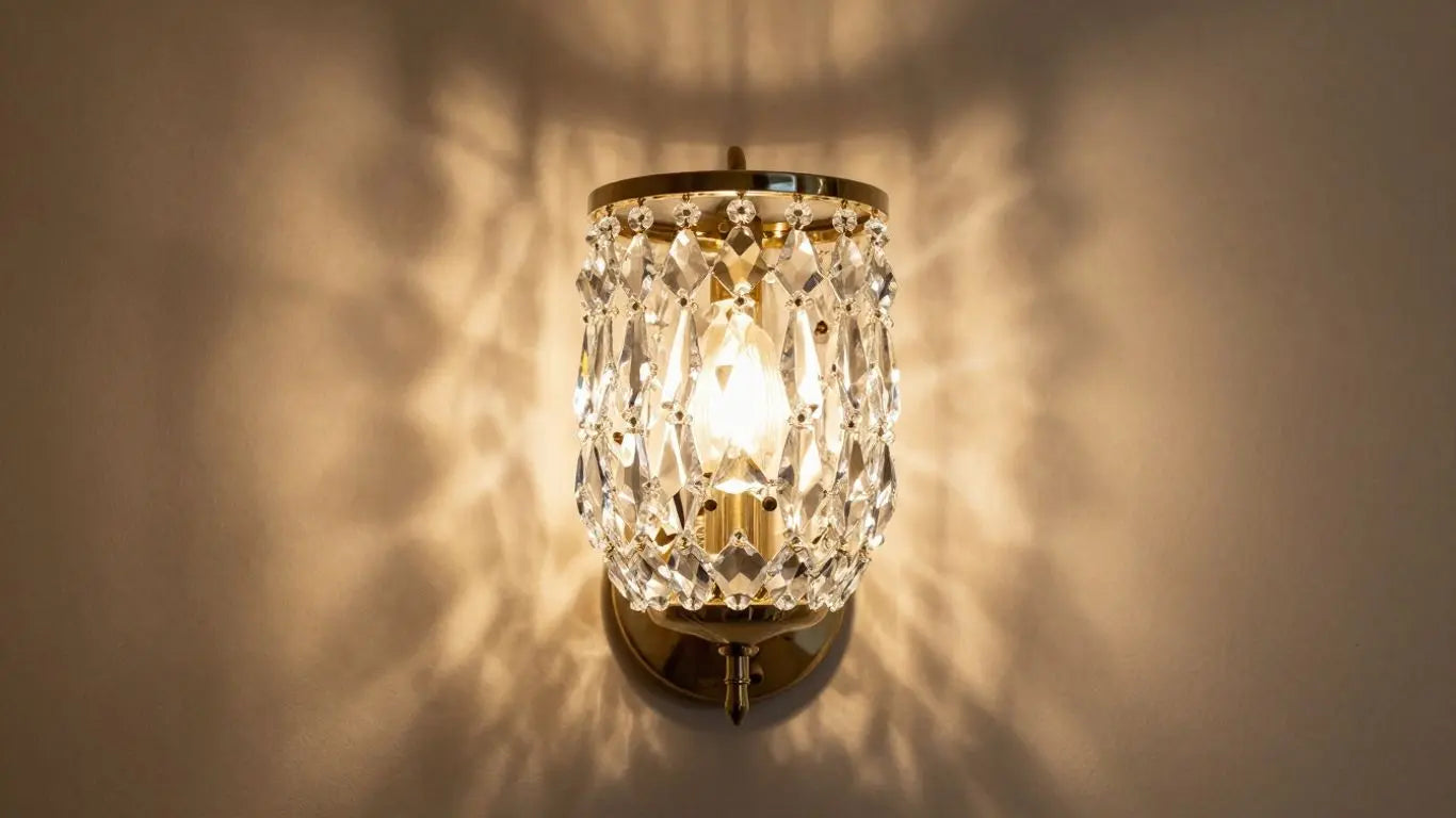 Elegant crystal wall lamp illuminating a room with sparkling light.