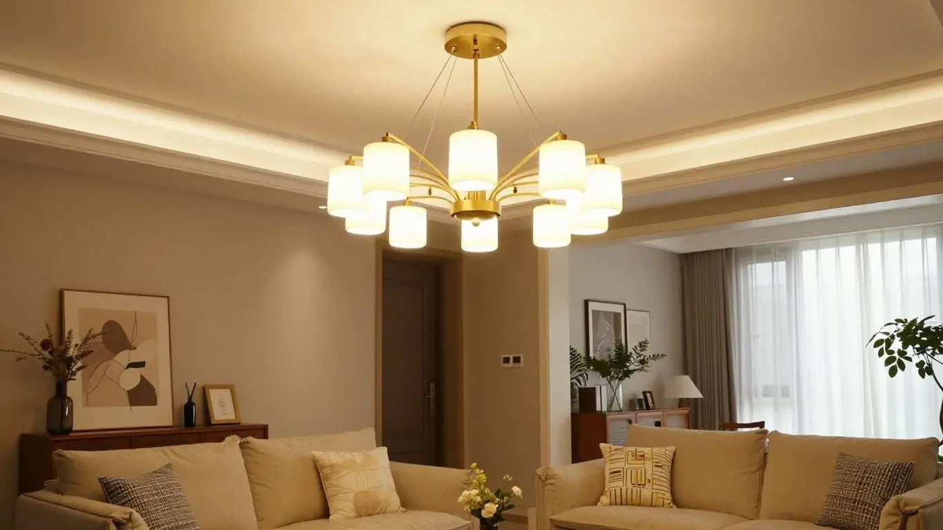 Modern chandelier illuminating a stylish living room.