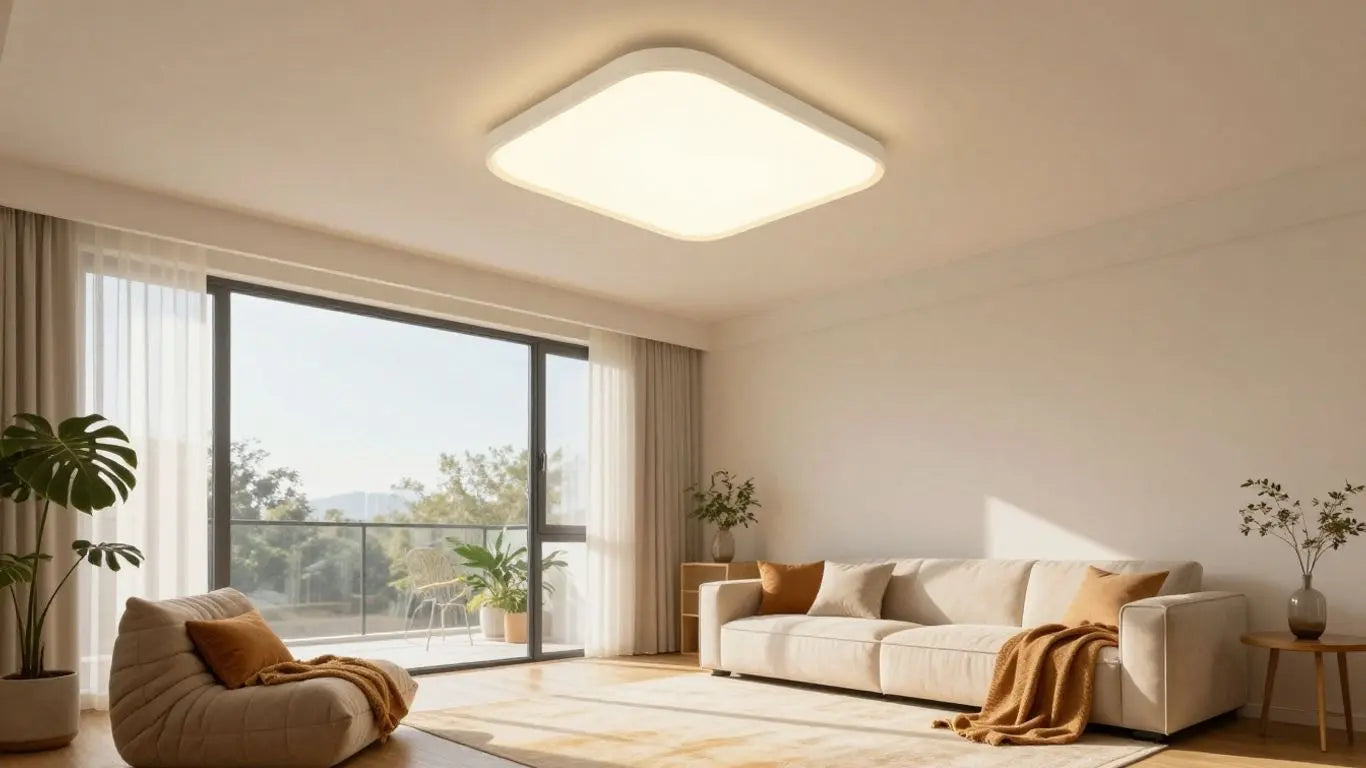 Modern flush mount ceiling light fixture in a bright room.