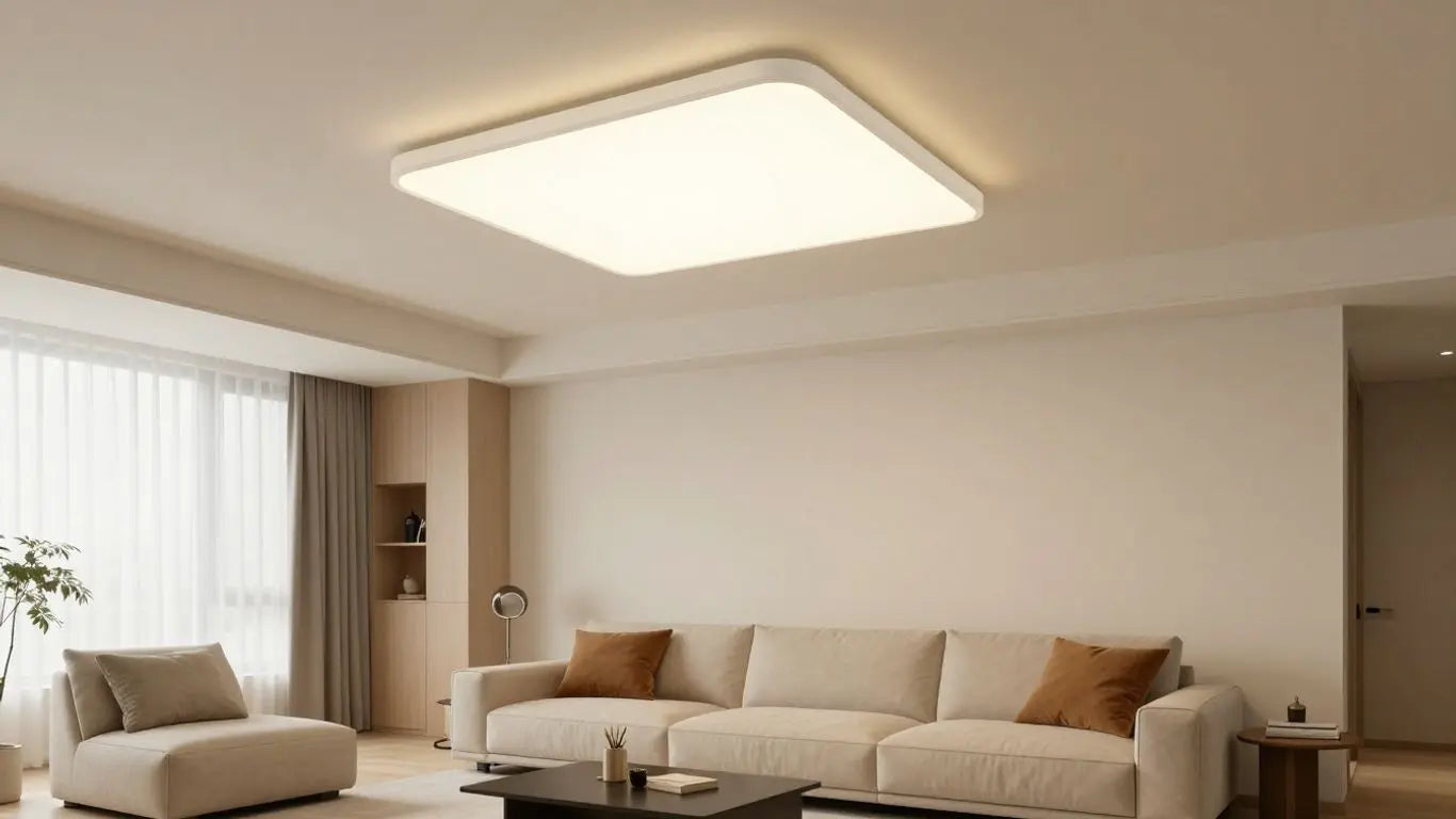 Modern flush mount ceiling lamp illuminating a living room.