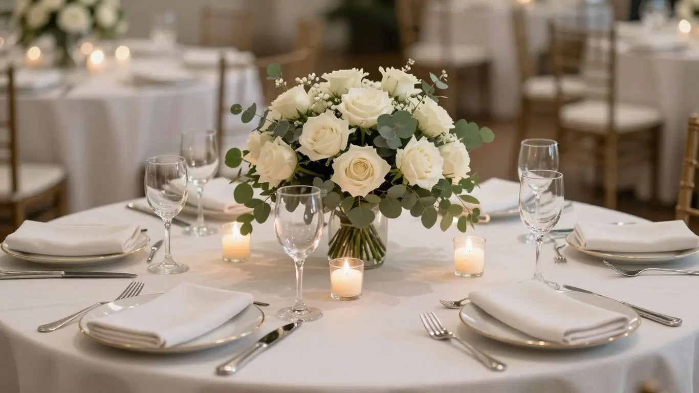 Elegant wedding table with floral centerpiece and candles.