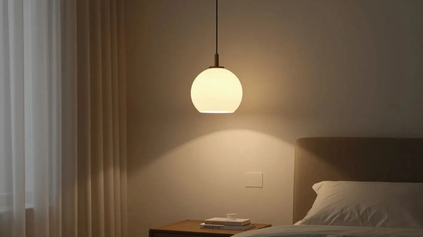 Stylish bedroom hanging light fixture over a bed.