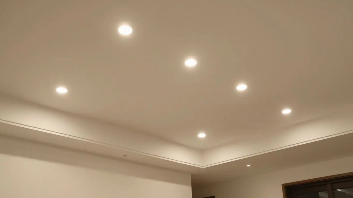 Recessed can lights illuminating a modern living room ceiling.