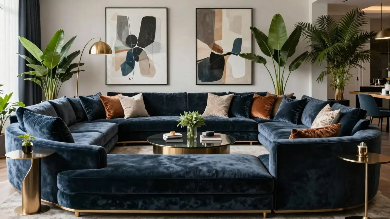 Modern interior design with sofas, art, and plants.