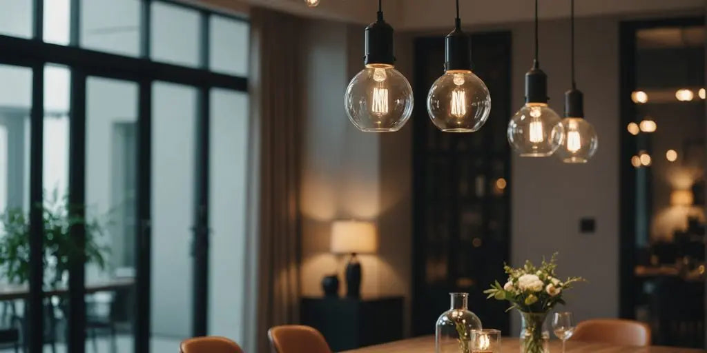 Stylish pendant lights above a contemporary dining room table.