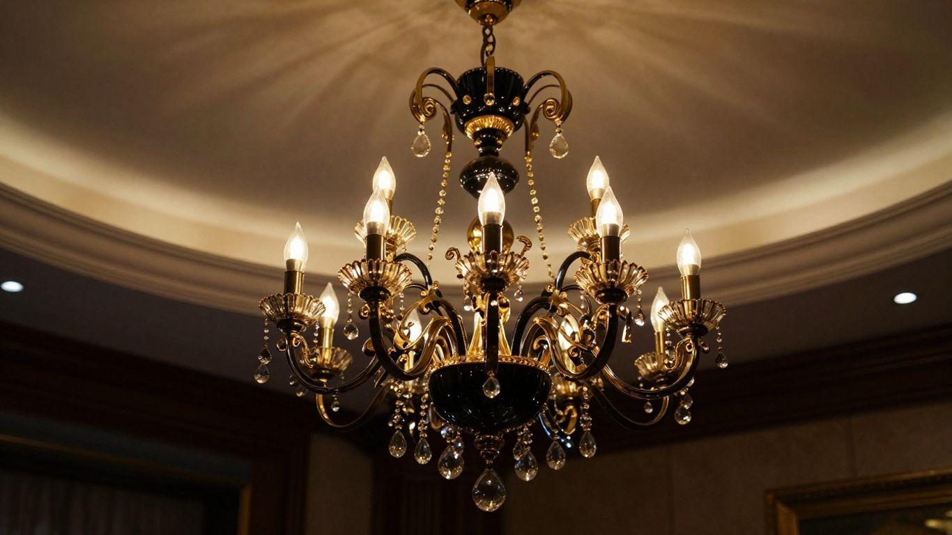 Elegant black and gold chandelier in a luxurious room.