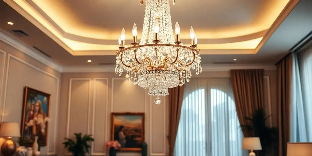 Stunning crystal chandelier illuminating a stylish living room.
