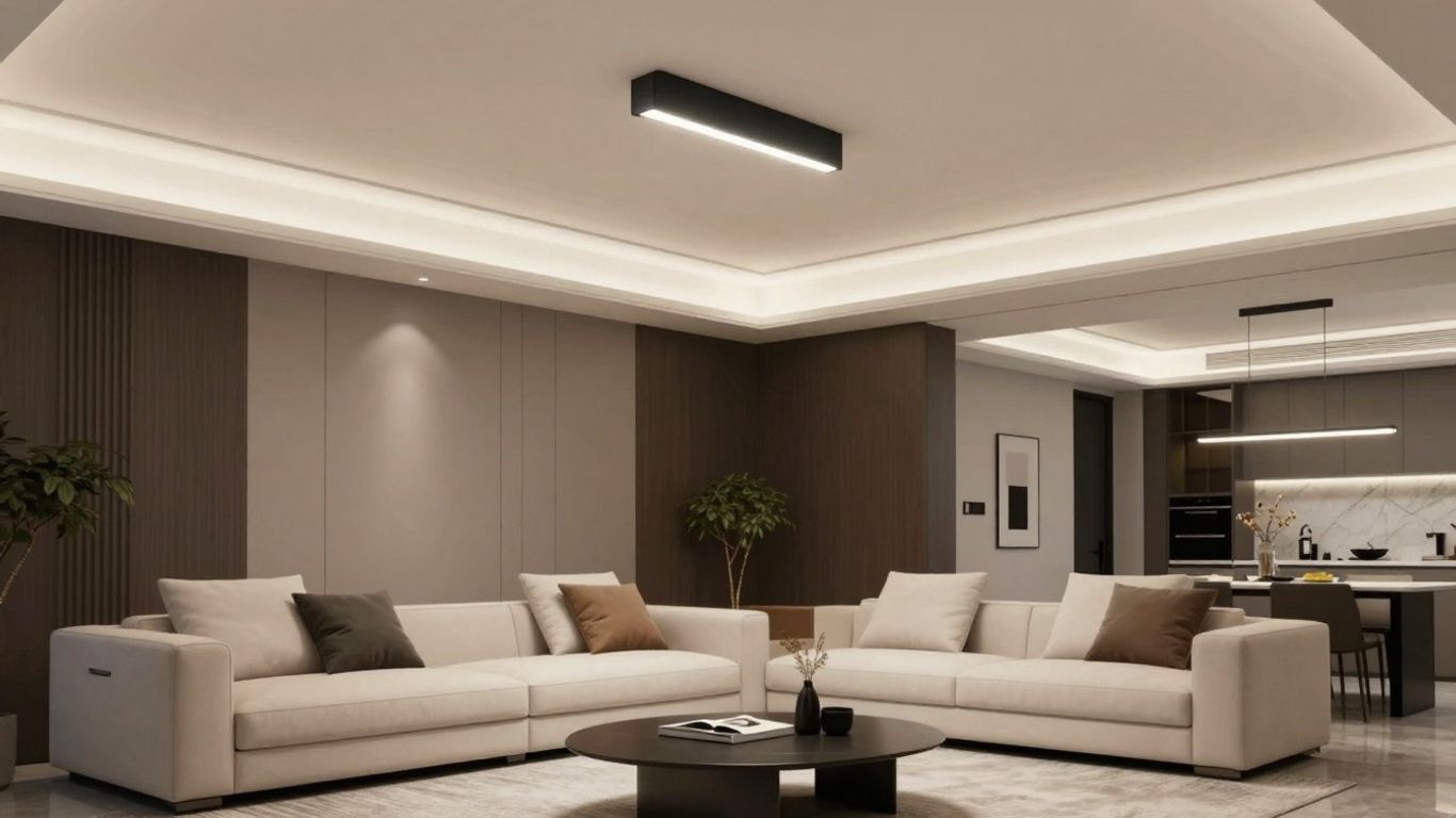 Modern black ceiling lights illuminating a stylish living room.