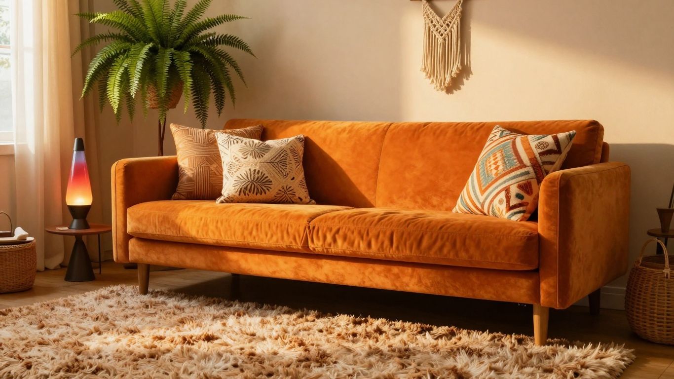 Retro 70s living room decor with shag carpet and velvet sofa.