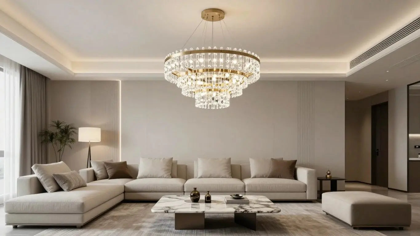 Modern chandelier in a luxurious living room design.