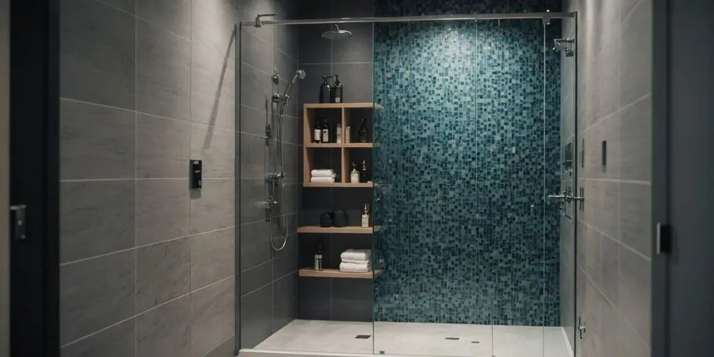 Sleek walk-in shower featuring glass doors and chic tiles
