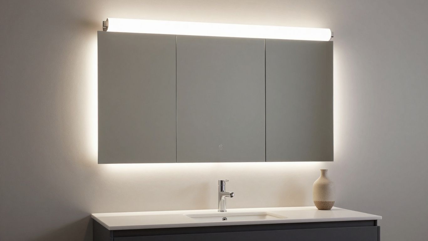 Modern bathroom vanity with above mirror lighting.