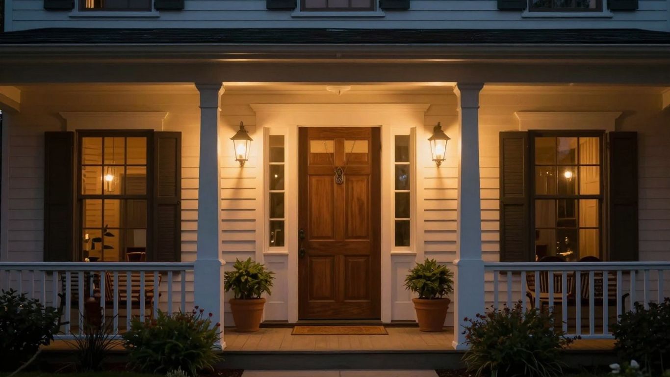 Front porch with glowing outdoor lamps at dusk.