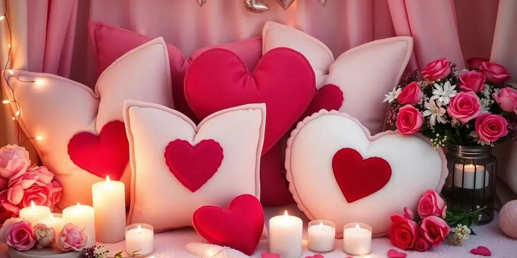Cozy Valentine decor with hearts and soft candlelight.