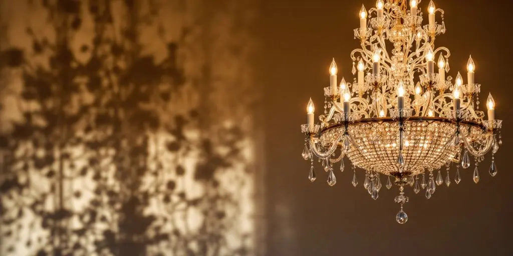 Elegant marble chandelier with crystals illuminating a room.