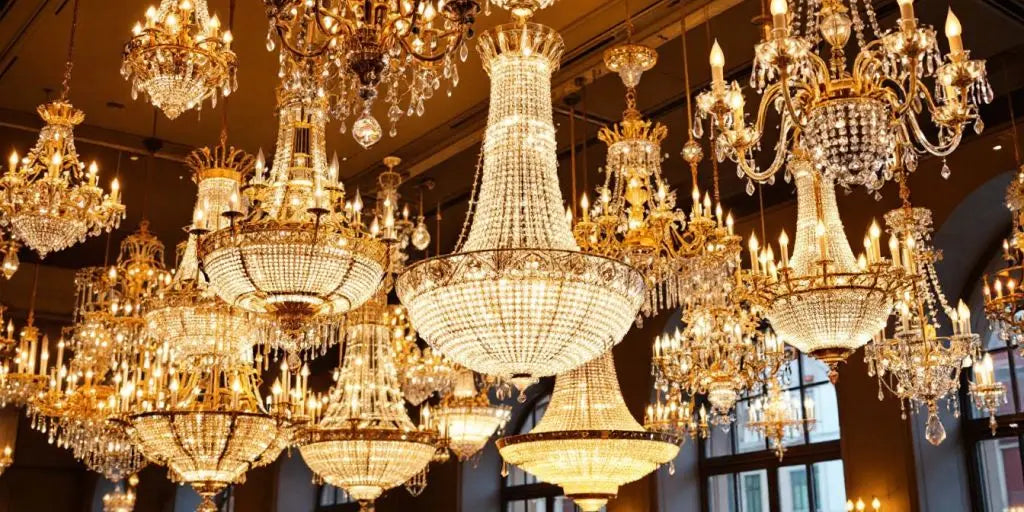 Elegant luxury chandeliers illuminating a lavish interior space.