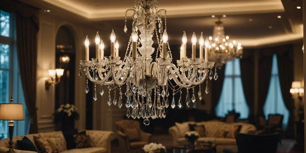 Crystal chandeliers in a luxurious living room setting.