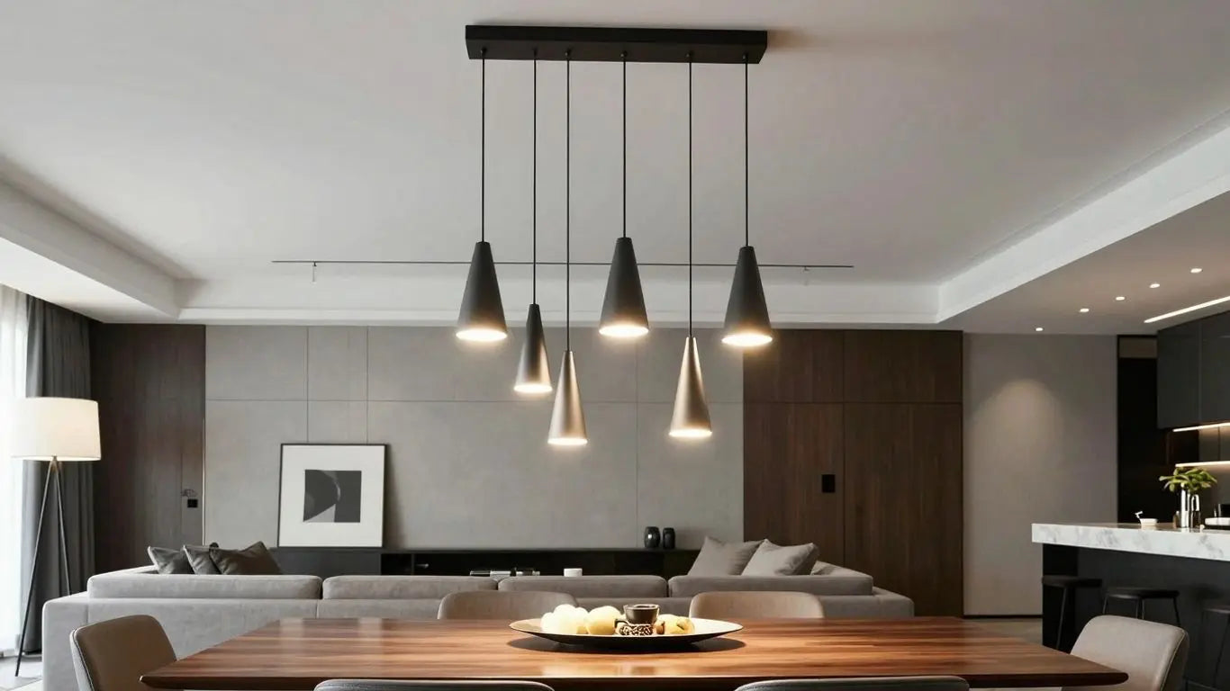 Modern pendant lights hanging over a dining table.