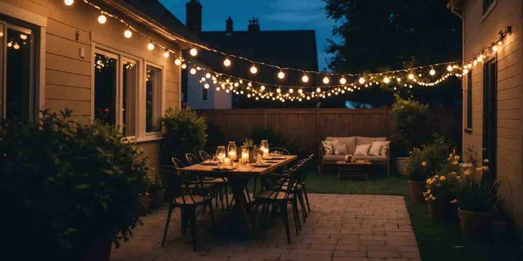 Backyard with string lights at dusk