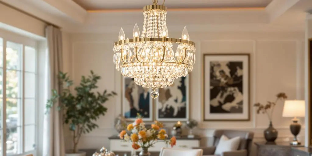 Elegant chandelier in a stylish, well-decorated room.