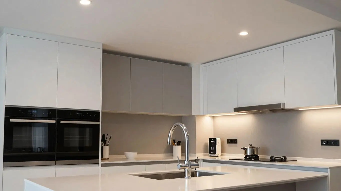 Modern kitchen with smart lighting for low ceilings.