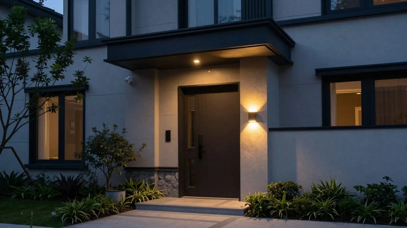 Illuminated modern porch light outside stylish home at dusk
