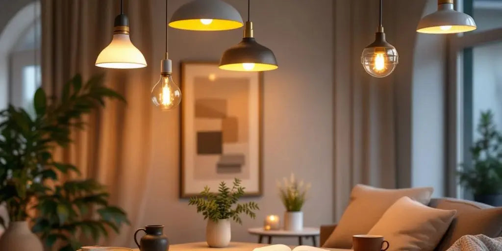 Modern pendant lights illuminating a cozy, stylish room.
