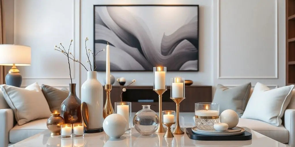 Stylish decor on a living room table with vases and candles.