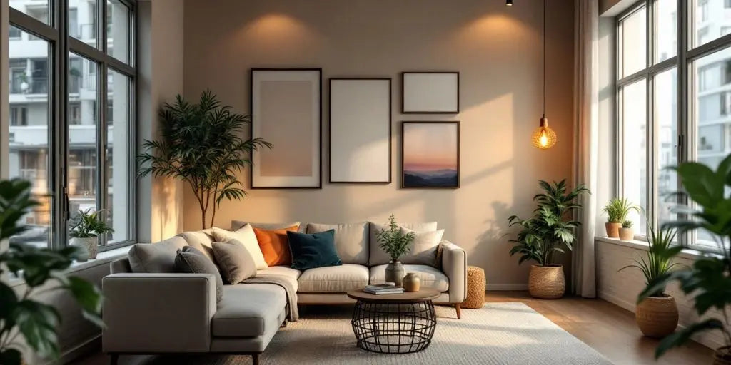 Stylish apartment interior with warm lighting and furnishings.
