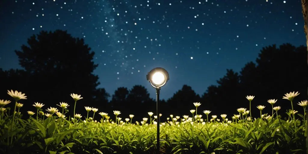 Solar garden spot lights illuminating a night garden scene.