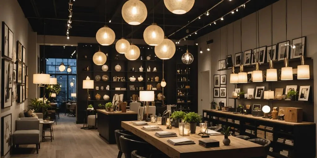 Modern lighting shop with stylish lamps and chandeliers.