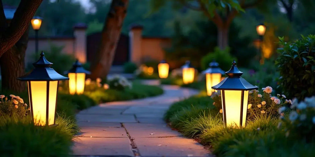 Stylish outdoor lamps illuminating a garden pathway at night.