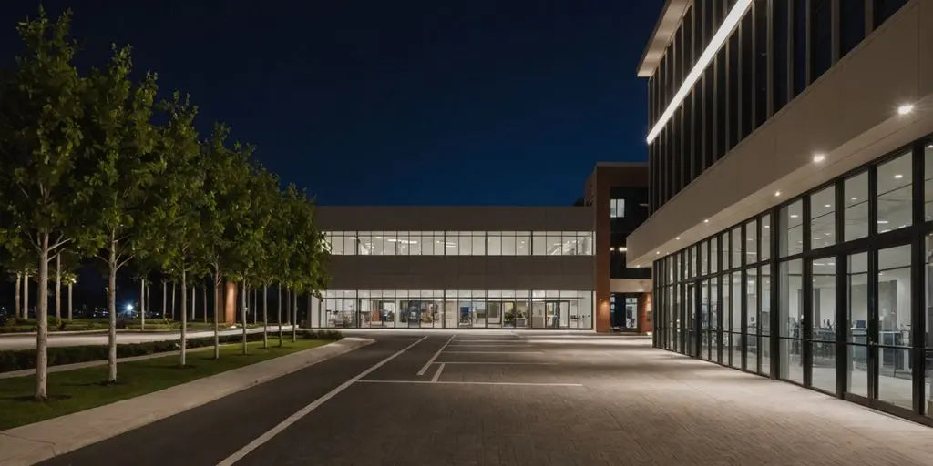 Well-lit commercial building exterior at night
