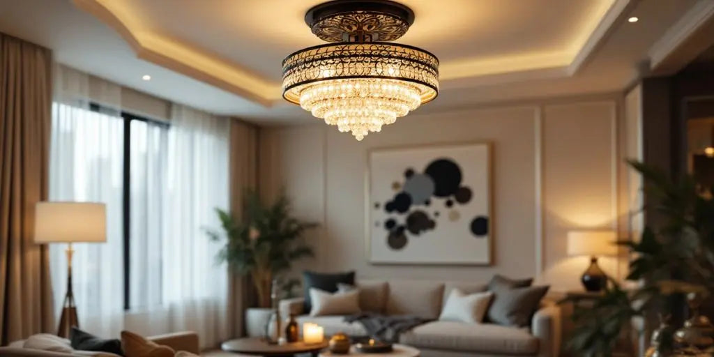 Flush mount chandelier in a modern living room.