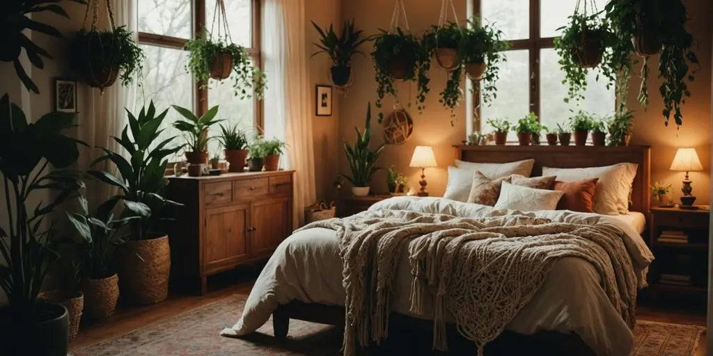 Boho bedroom with plants, macrame, and soft lighting.