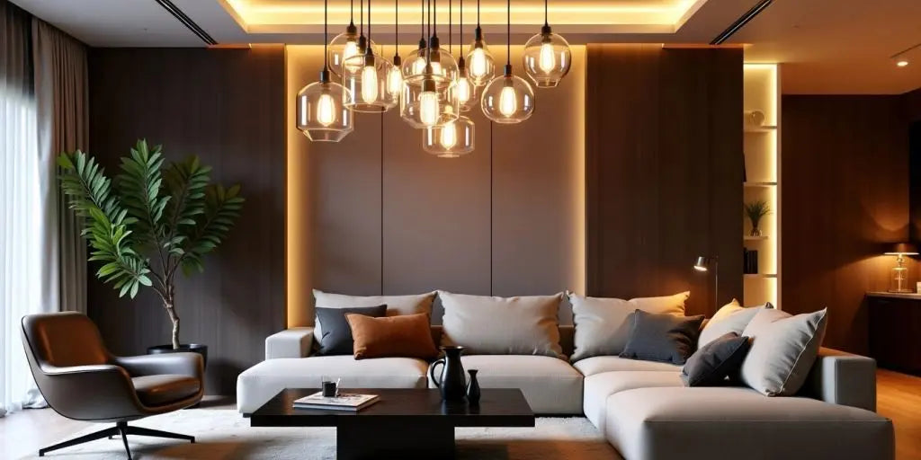 Modern living room with contemporary light fittings.