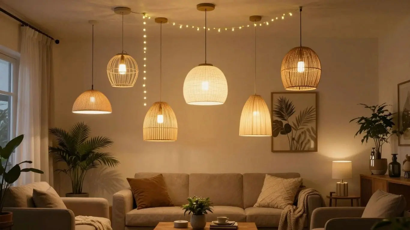 Modern living room with creative hanging lights in 2026.
