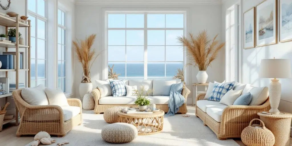 Coastal living room with blue and white decor.