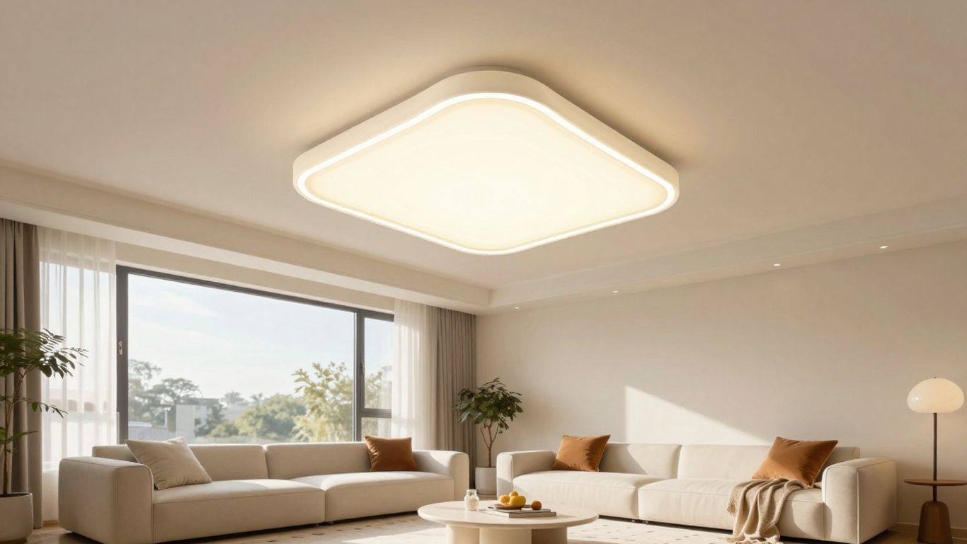 Modern ceiling light fixture in a bright living room.