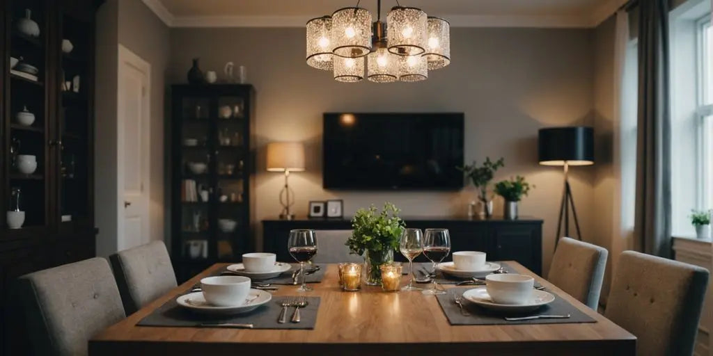 Small dining room with stylish space-saving furniture and decor.