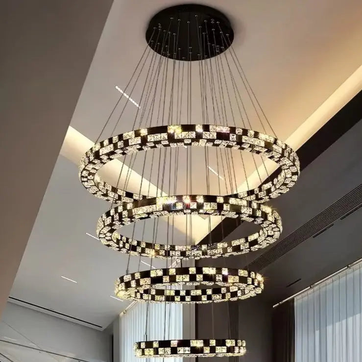 Modern Circular LED Crystal Pendant Light 5-Ring Black Stainless Steel Fixture for Luxury Villa or Large Home for Living Room ChandeliersLife®