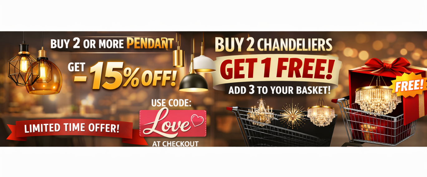 Promotional banner for lighting products with discounts and limited-time offers.