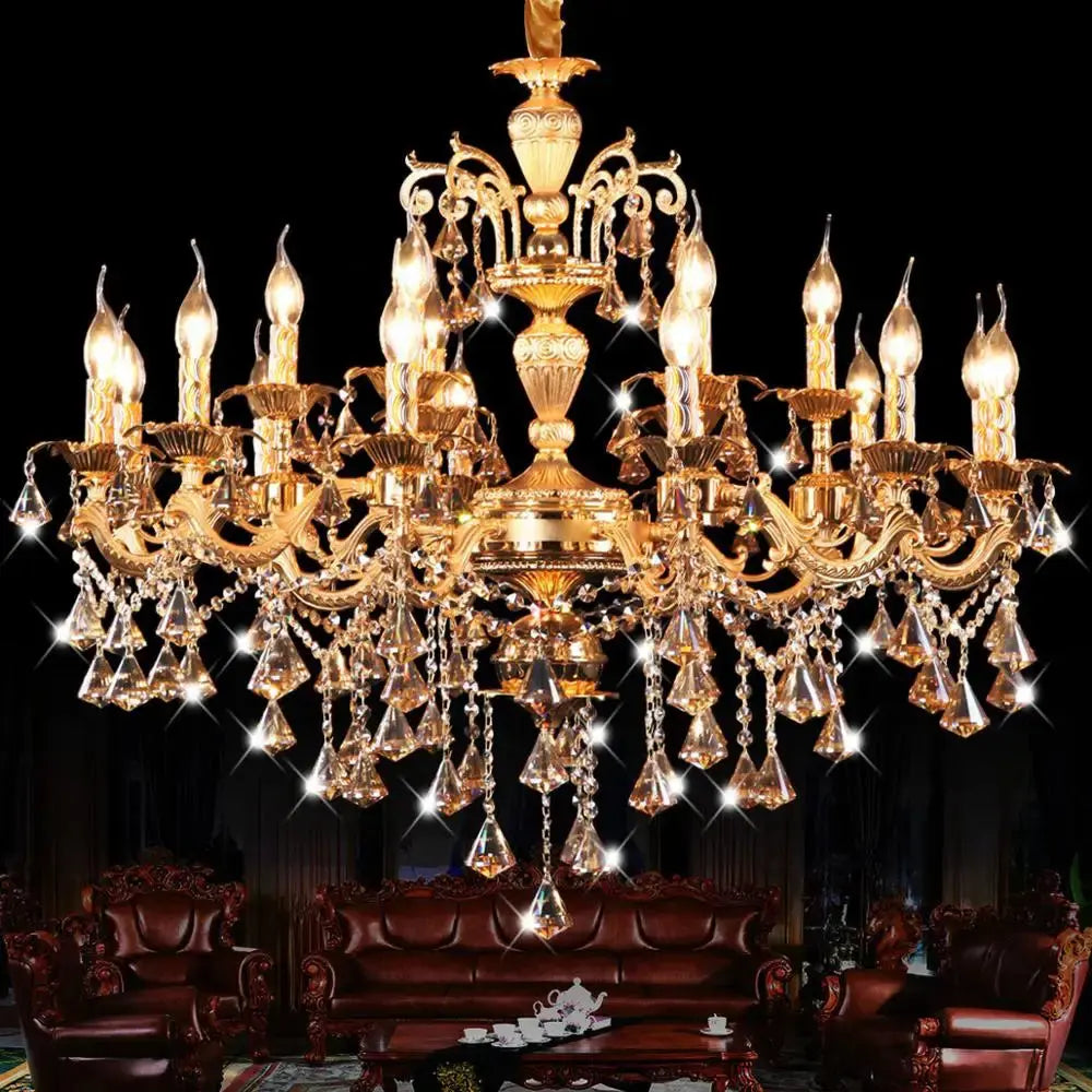 European luxury golden staircase hotel lobby zinc alloy candle chandelier lamps villa living room dining room E14 lights ChandeliersLife®